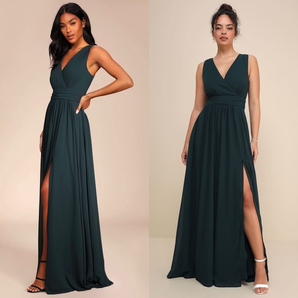 NWT LULUS Emerald Chiffon Sleeveless V-Neck Wedding Guest Dress Formal Gown XL‎ - Picture 5 of 11